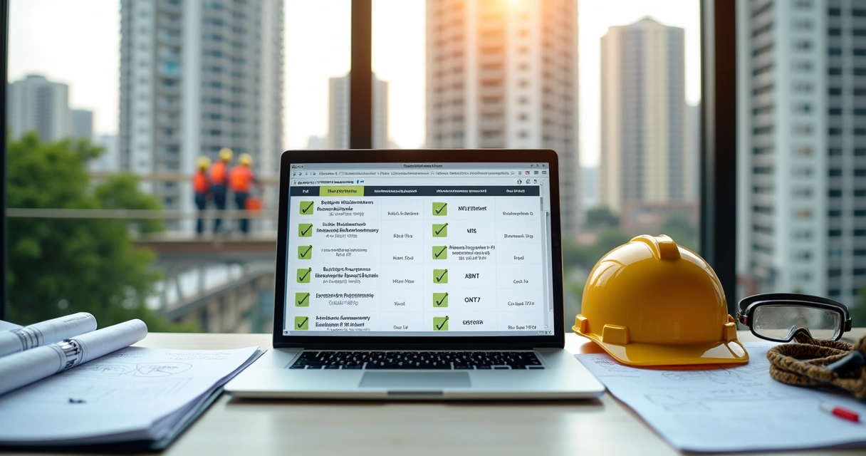 Checklist digital de normas regulamentadoras ao lado de equipamentos de segurança de obra