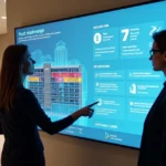 Painel digital de sistema de informação exibindo manutenção de condomínio pós-obra
