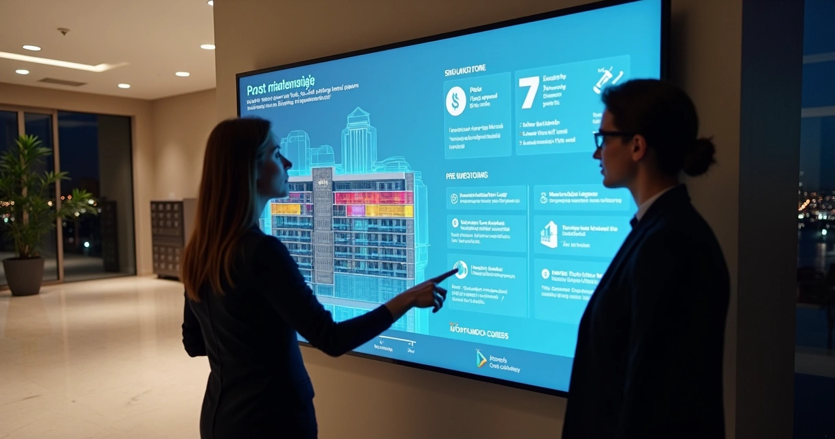 Painel digital de sistema de informação exibindo manutenção de condomínio pós-obra