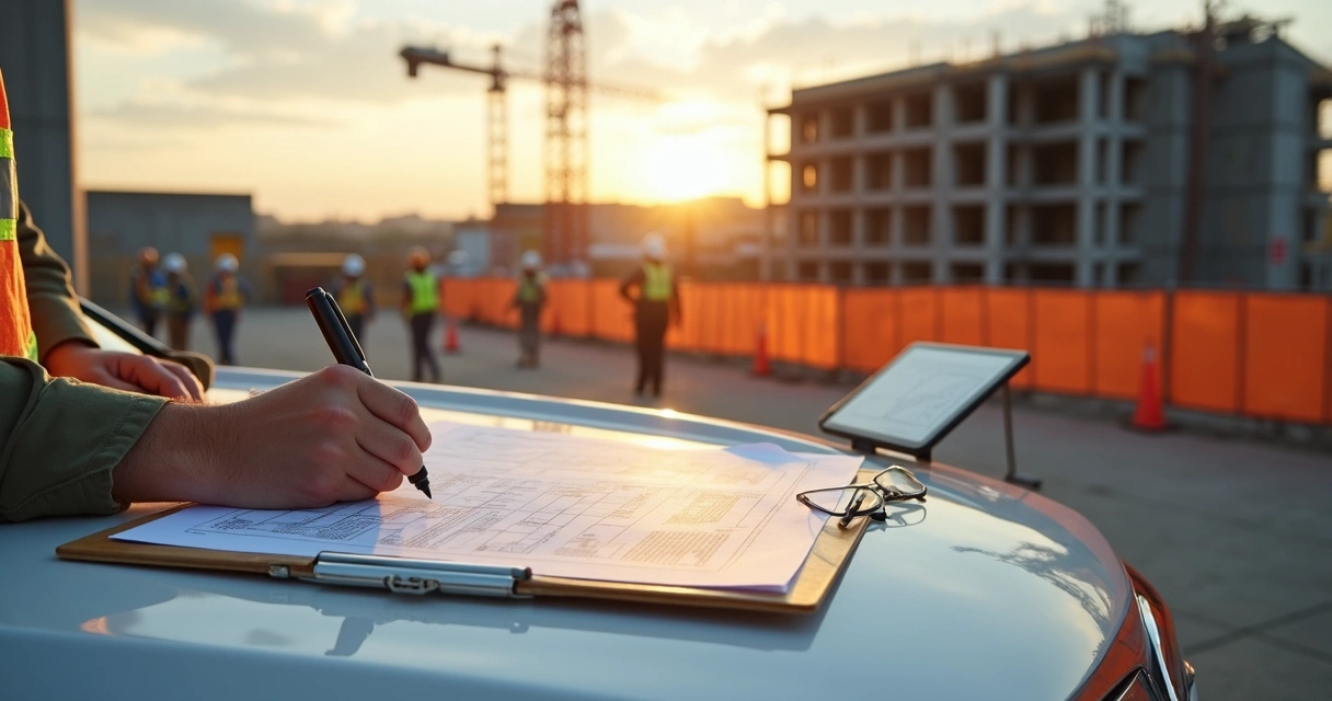 Engenheiro assinando documento de ART em prancheta no canteiro de obras