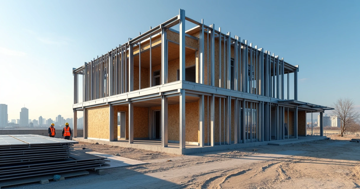 Estrutura de casa em steel frame com painéis metálicos e placa OSB em obra limpa