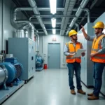 Equipe técnica realizando manutenção preventiva em sala de máquinas de condomínio