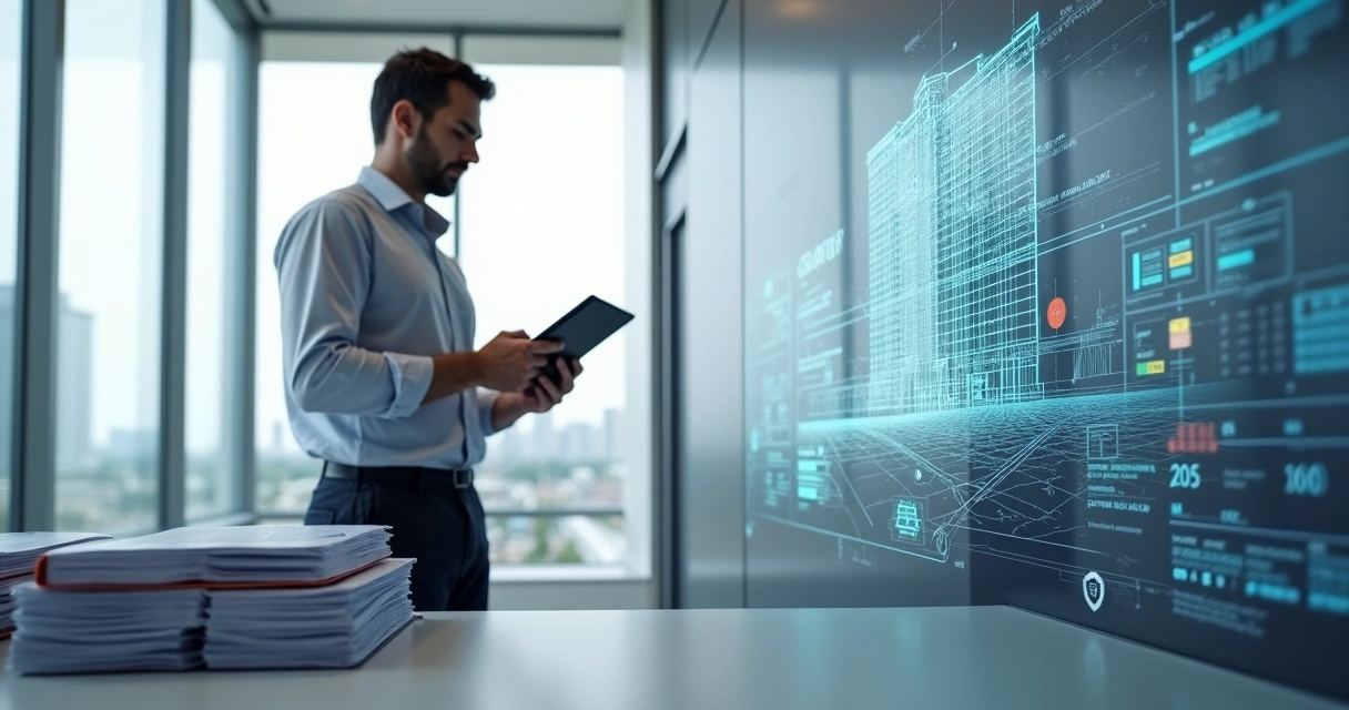 Engenheiro analisando normas técnicas em tablet diante de painel com planta de edifício