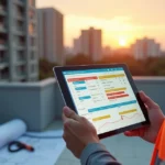 Gestor observa painel digital de manutenção predial em tablet diante de edifício residencial