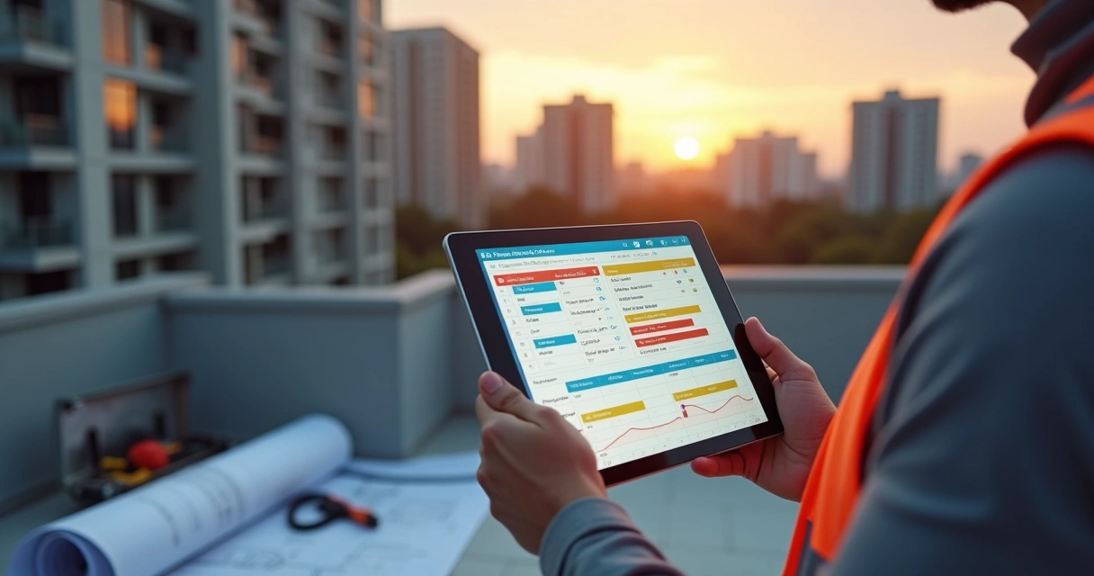 Gestor observa painel digital de manutenção predial em tablet diante de edifício residencial
