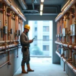Técnico inspecionando tubulações hidráulicas aparentes em prédio residencial