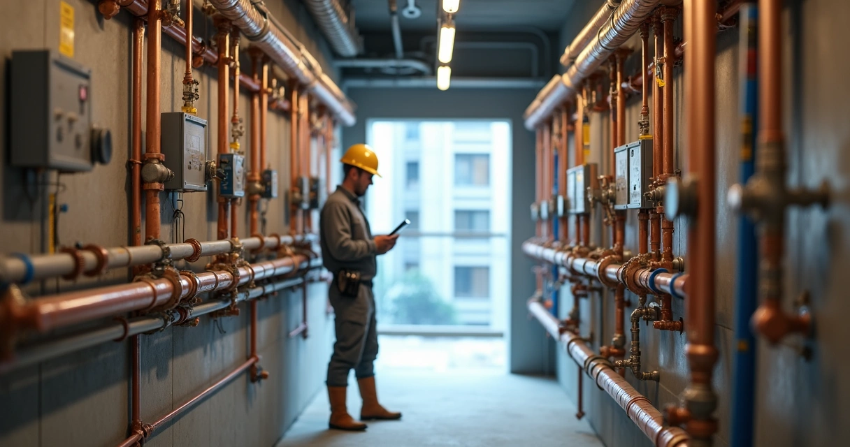 Técnico inspecionando tubulações hidráulicas aparentes em prédio residencial