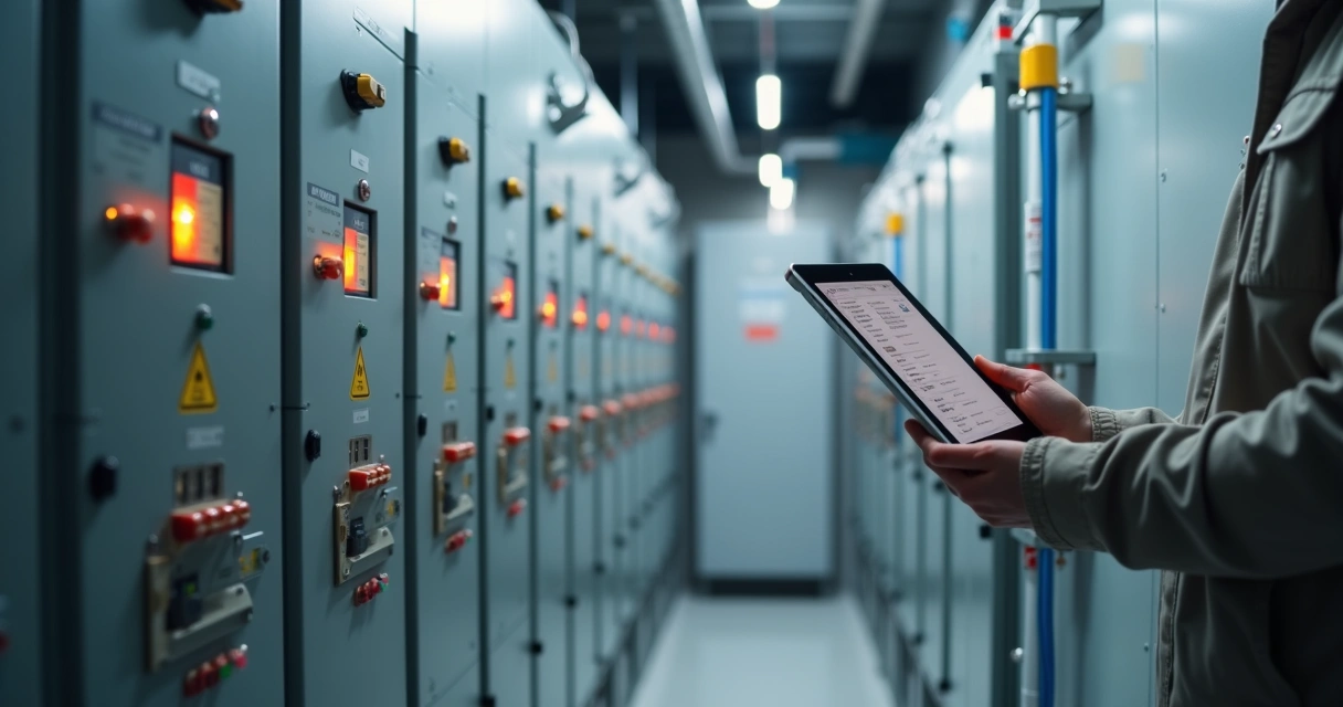 Painel elétrico de condomínio moderno com técnico e tablet de manutenção digital
