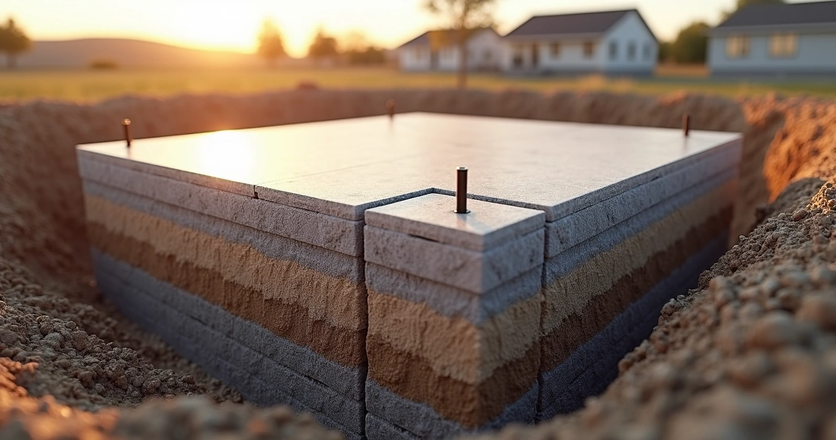 Corte em perspectiva de fundação radier em laje de concreto sobre o solo
