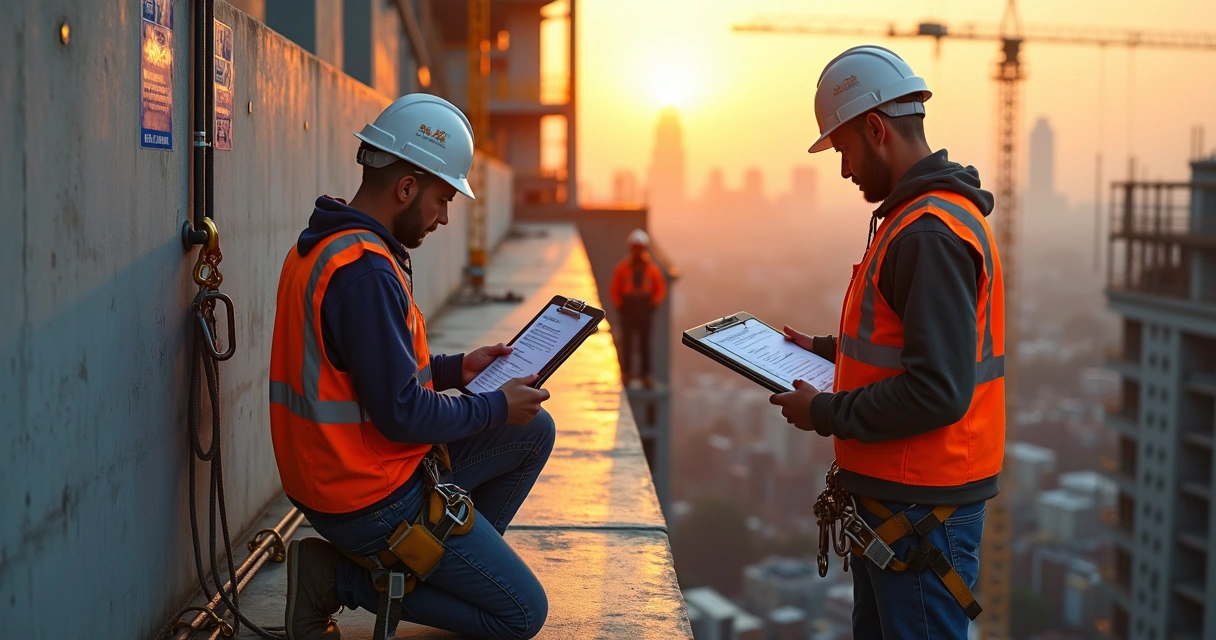 Trabalhadores com cinto de segurança instalando linha de vida em estrutura de concreto