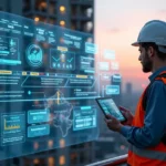 Gestor de construtora usando painel digital com fluxo automatizado de manutenção em empreendimento residencial