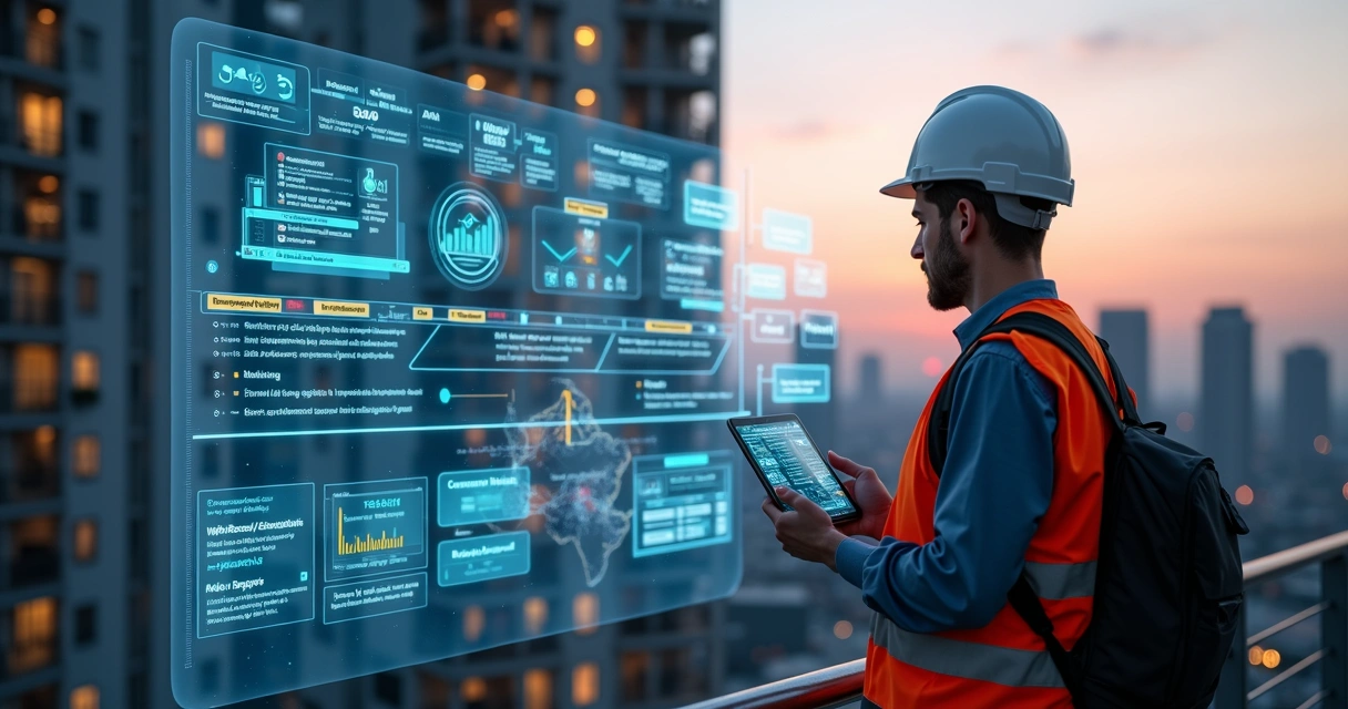 Gestor de construtora usando painel digital com fluxo automatizado de manutenção em empreendimento residencial