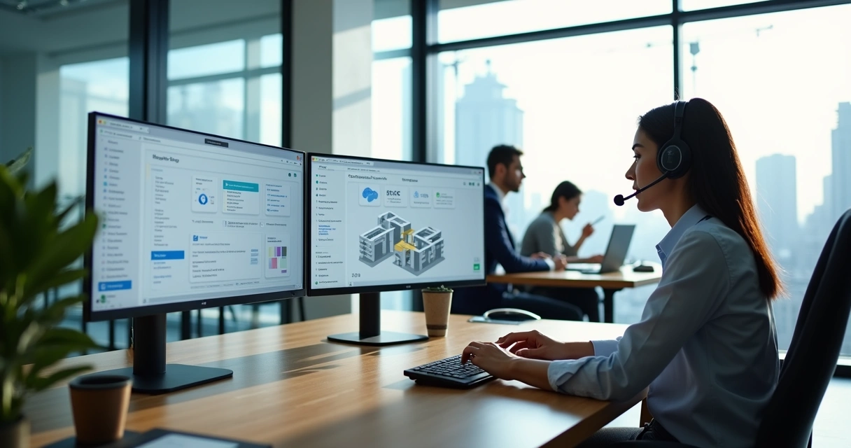 Central de atendimento de construtora com múltiplos canais digitais na tela