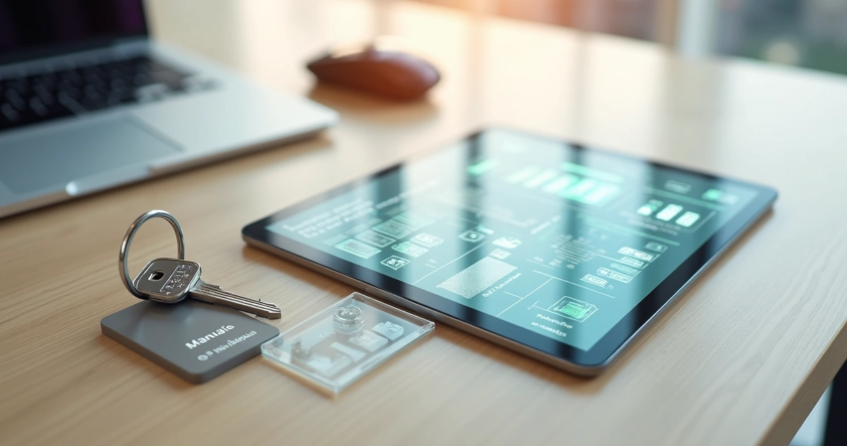 Mesa minimalista com chave física ao lado de tablet exibindo manual digital de condomínio