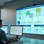 Gestor analisa grande painel digital com fluxo padronizado de processos de pós-obra