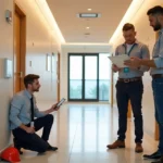 Equipe técnica inspecionando corredor de condomínio recém-entregue