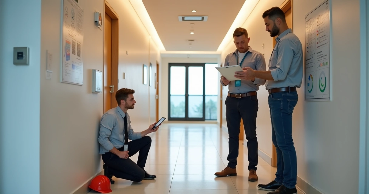 Equipe técnica inspecionando corredor de condomínio recém-entregue