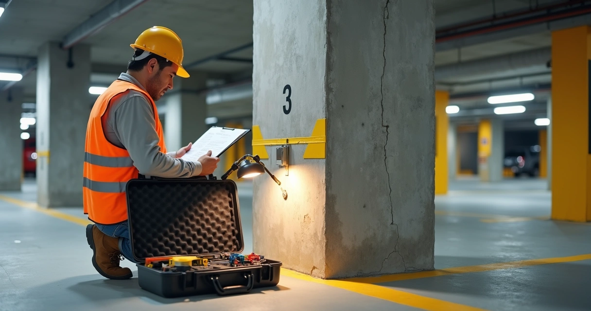 Engenheiro avaliando estrutura de concreto exposta em garagem de edifício residencial