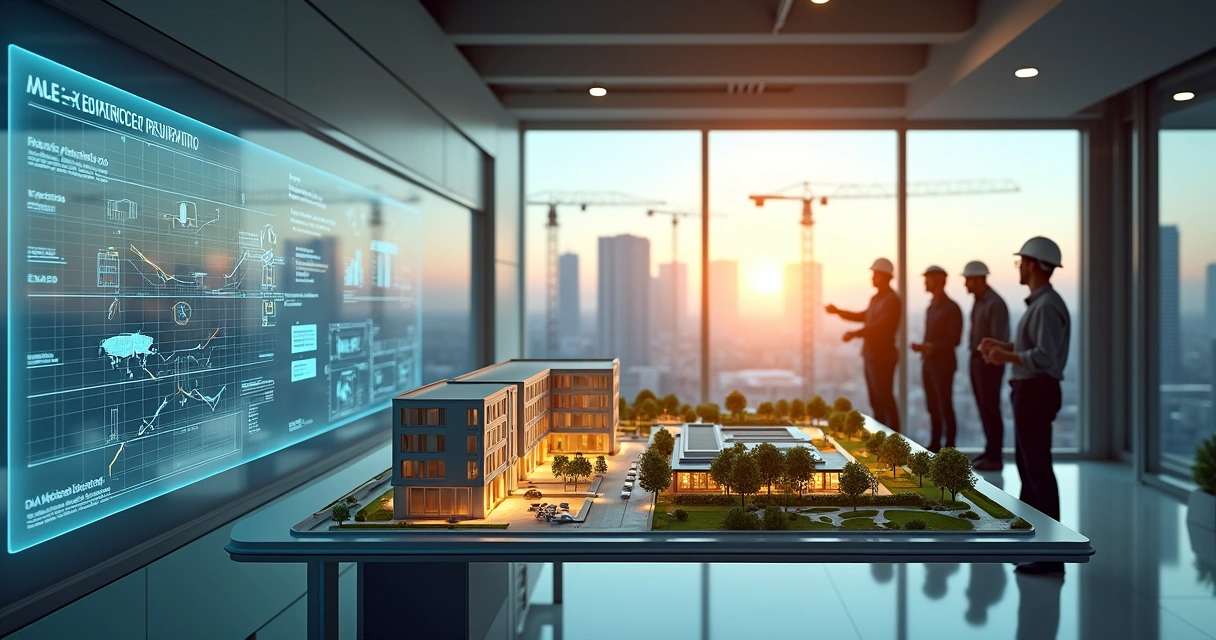 Painel digital com manual O&M ao lado de maquete detalhada de edifício residencial