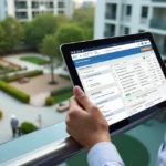 Planner digital de manutenções pós-obra exibido em tablet com condomínio ao fundo