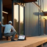 Casa de container com inspeção de manutenção e registro em tablet