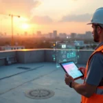 Fiscal de obra inspecionando cobertura com tablet e planta digital