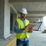 Engenheiro com capacete avaliando estrutura de concreto em edifício moderno