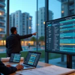 Painel digital de gestão de chamados com empreendimento residencial ao fundo