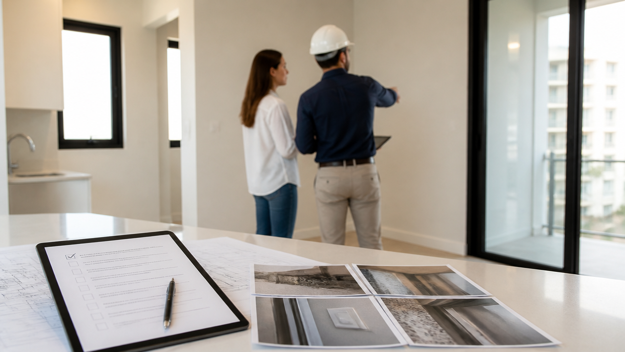 Inspeção pós-obra em apartamento novo com checklist digital e registro técnico dos acabamentos