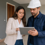 Profissionais analisando ordem de serviço digital em atendimento de pós-obra residencial
