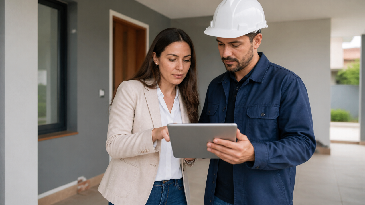 Profissionais analisando ordem de serviço digital em atendimento de pós-obra residencial