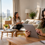 Moradora consulta um tablet enquanto conversa com uma profissional sobre o atendimento após a entrega do apartamento.