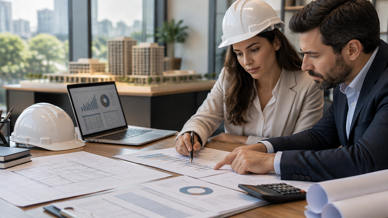 Profissionais de uma construtora analisam planilhas e documentos para avaliar os custos de pós-obra