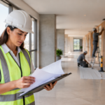 Profissional técnica revisando documentos de uma reforma em área comum de edifício residencial